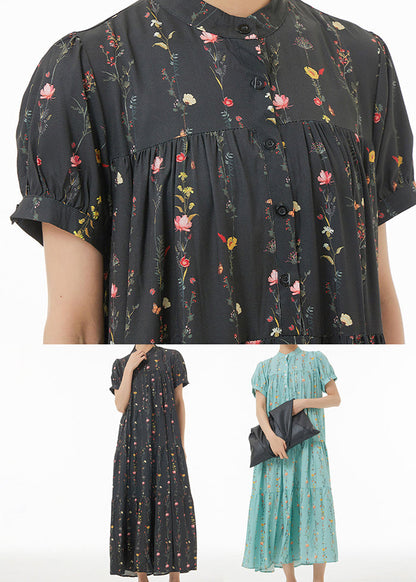 Black Print Patchwork Wrinkled Cotton Maxi Dresses Summer