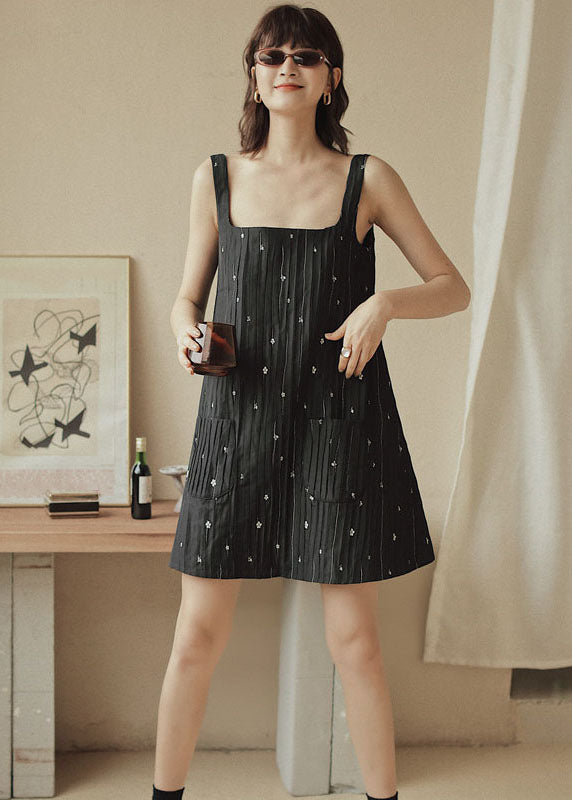 Black Print Pockets Cotton Strap Dress Sleeveless