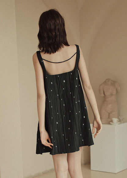 Black Print Pockets Cotton Strap Dress Sleeveless