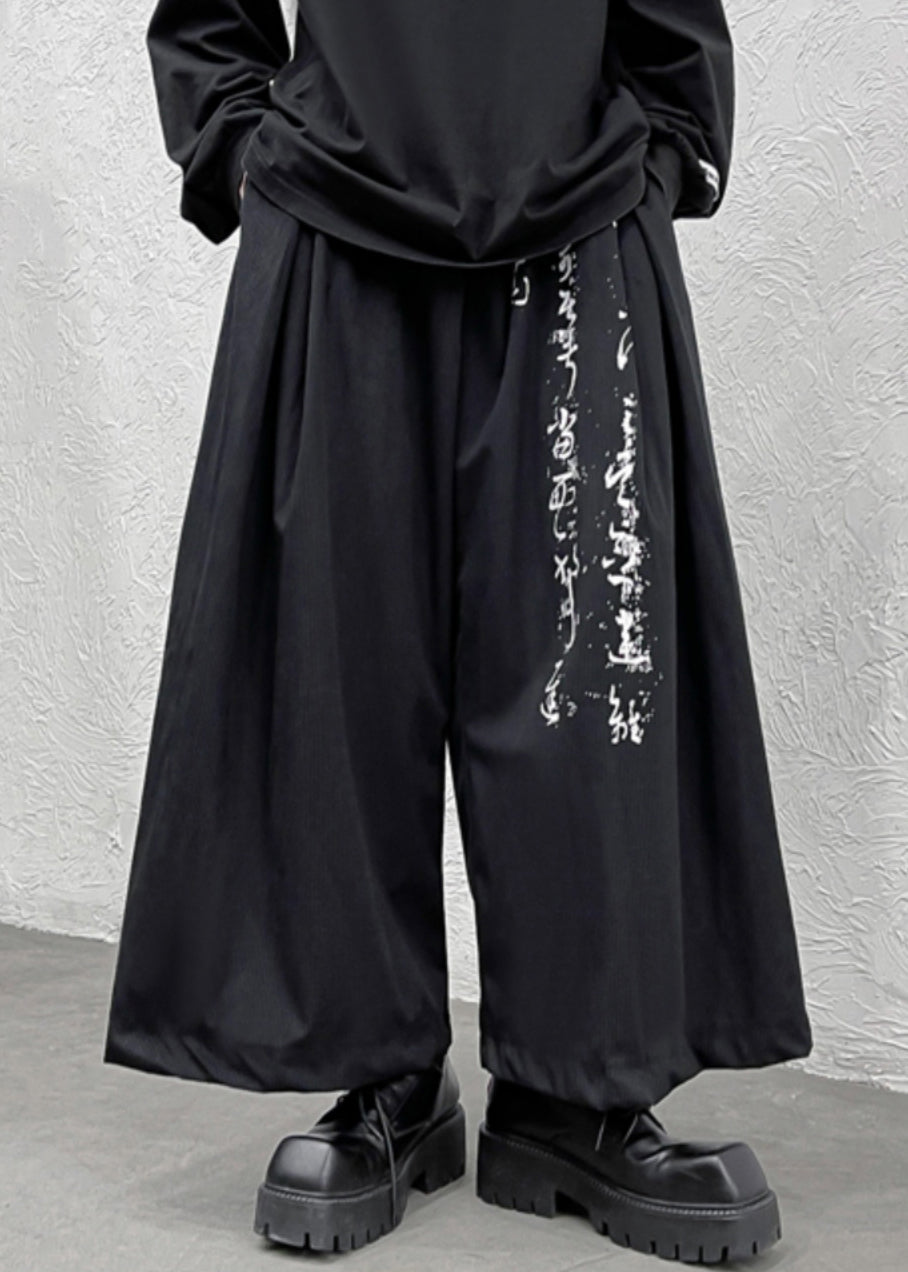 Black Print Pockets Elastic Waist Cotton Wide Leg Pants Fall