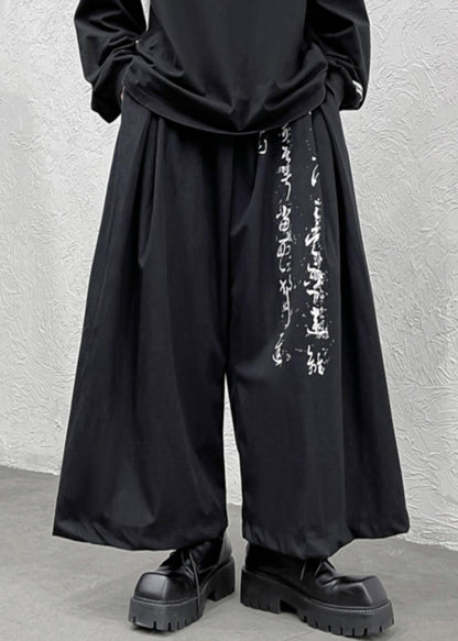 Black Print Pockets Elastic Waist Cotton Wide Leg Pants Fall