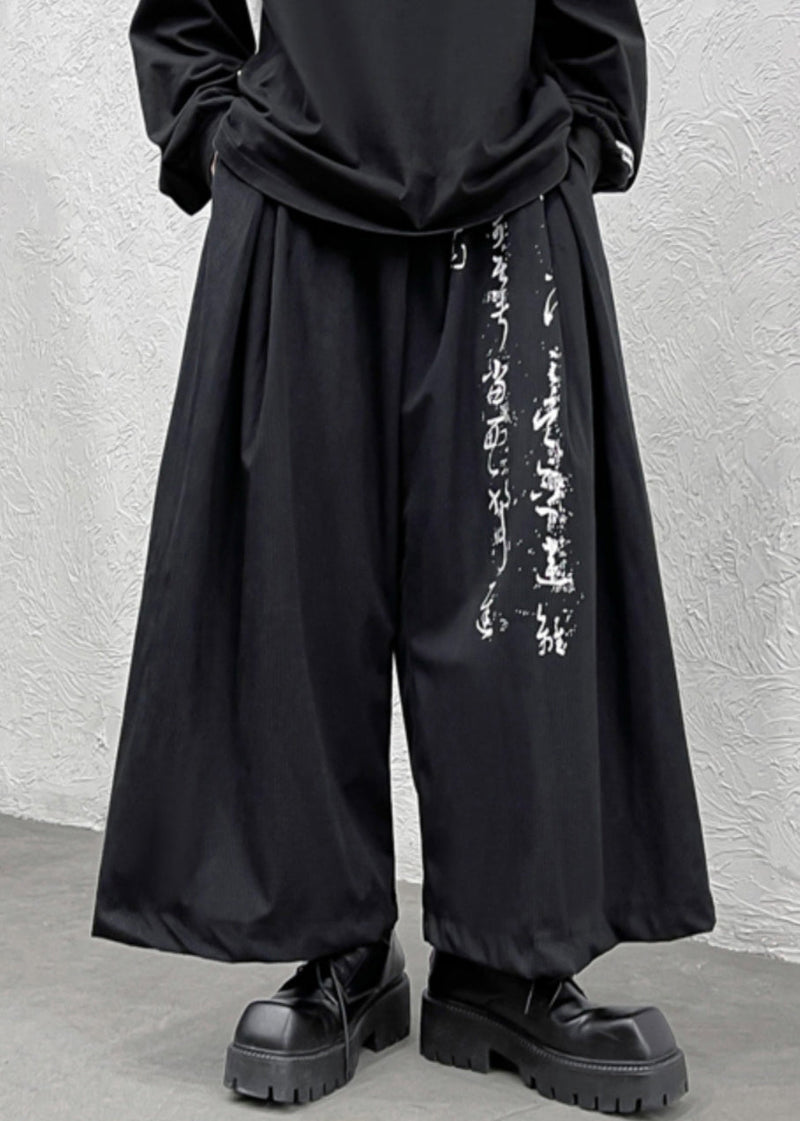 Black Print Pockets Elastic Waist Cotton Wide Leg Pants Fall