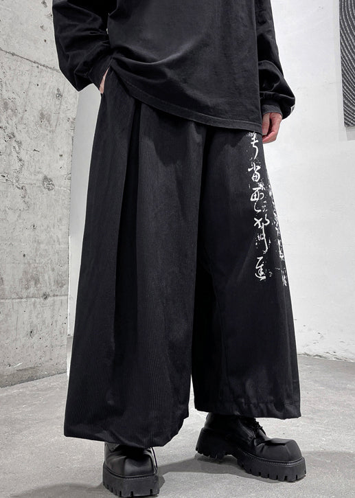 Black Print Pockets Elastic Waist Cotton Wide Leg Pants Fall