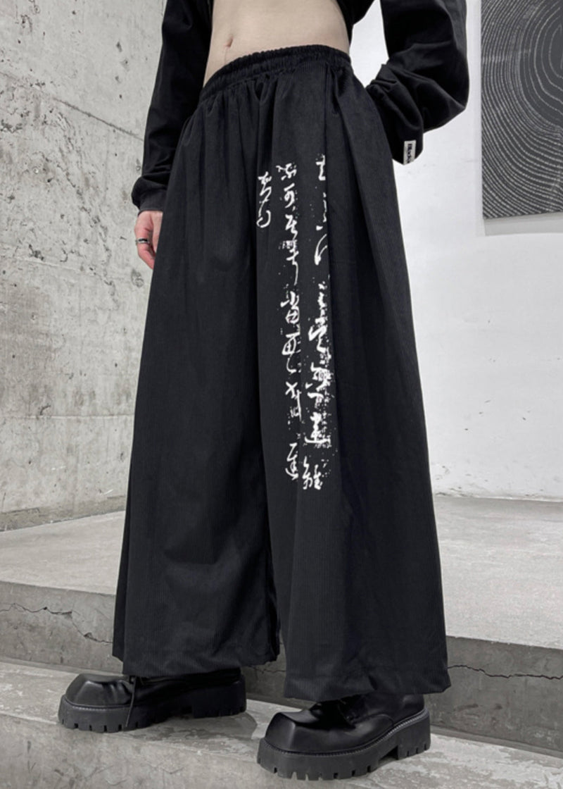 Black Print Pockets Elastic Waist Cotton Wide Leg Pants Fall