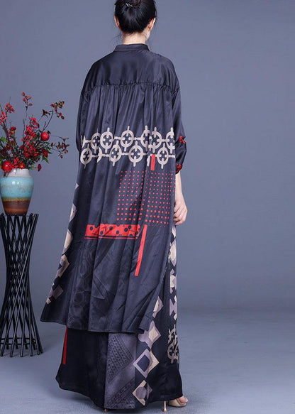 Black Print Silk Low High Design Wide Leg Two Pieces Sets