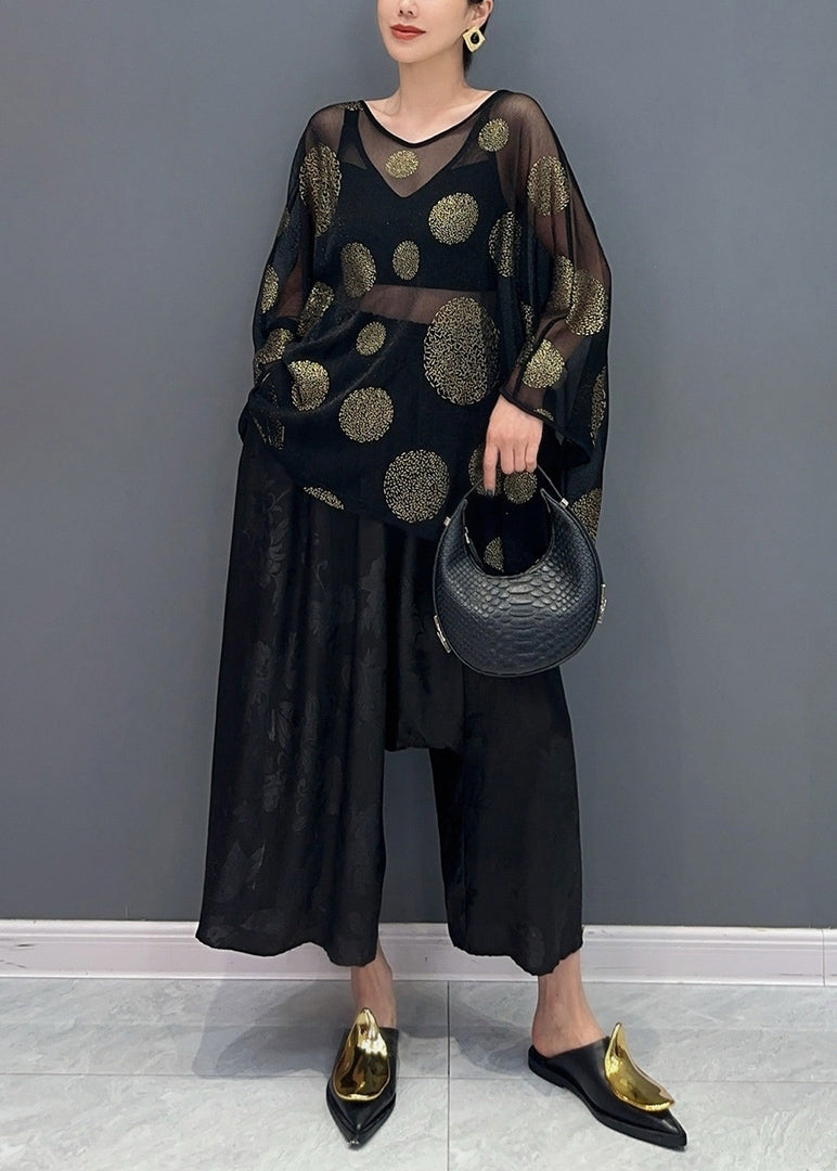 Black Print Silk T Shirts and Crop Pants Two Piece Set Bracelet Sleeve