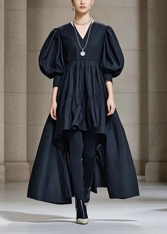 Black Puff Sleeve Low High Design Cotton Maxi Dress