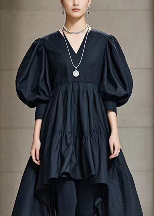 Black Puff Sleeve Low High Design Cotton Maxi Dress