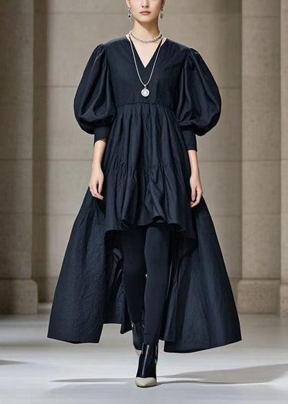 Black Puff Sleeve Low High Design Cotton Maxi Dress