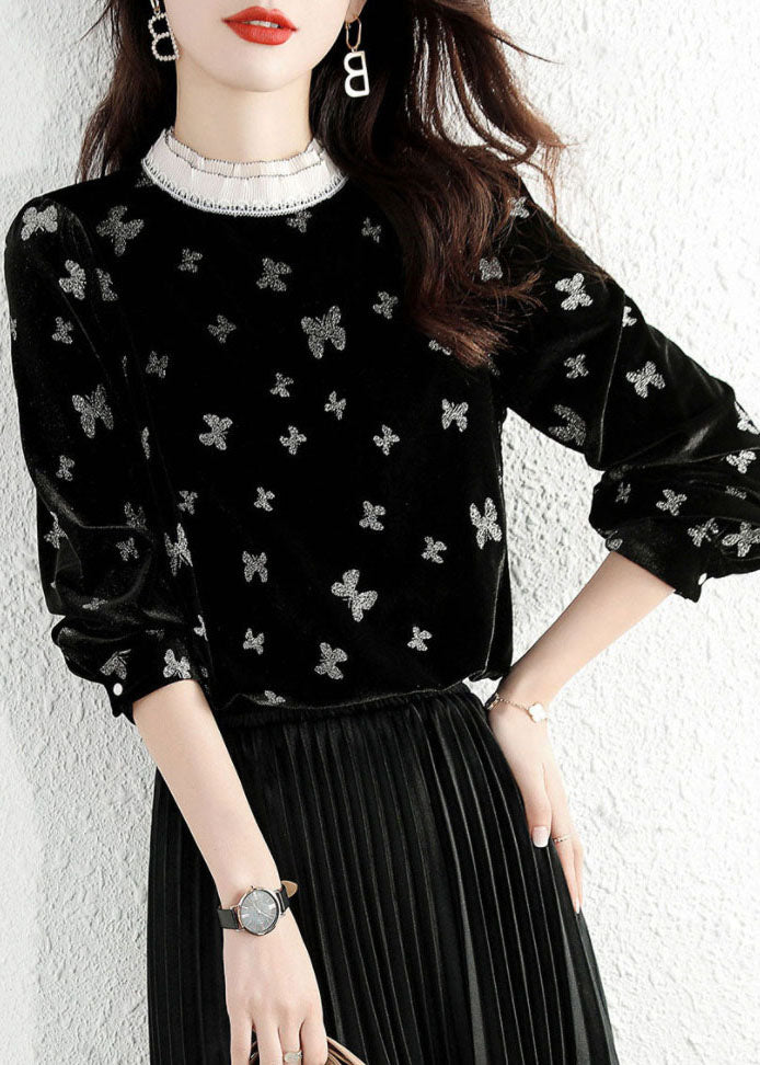 Casual Black Ruffled Butterfly Velour Shirt Top Spring