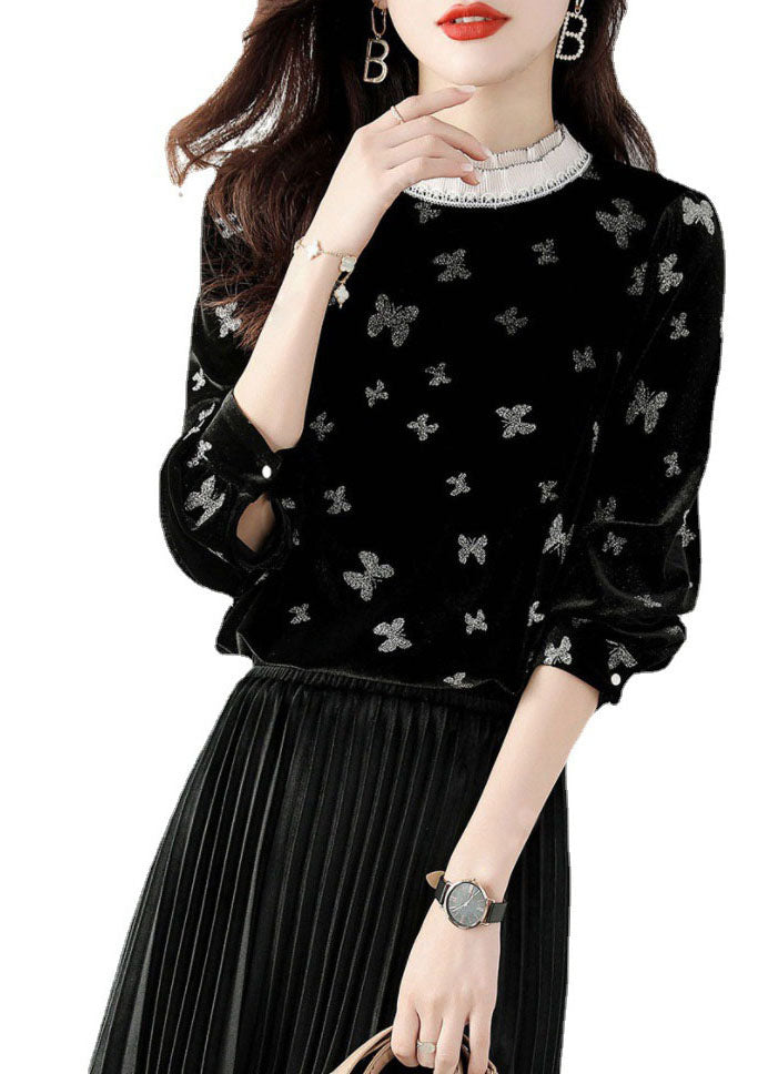 Casual Black Ruffled Butterfly Velour Shirt Top Spring