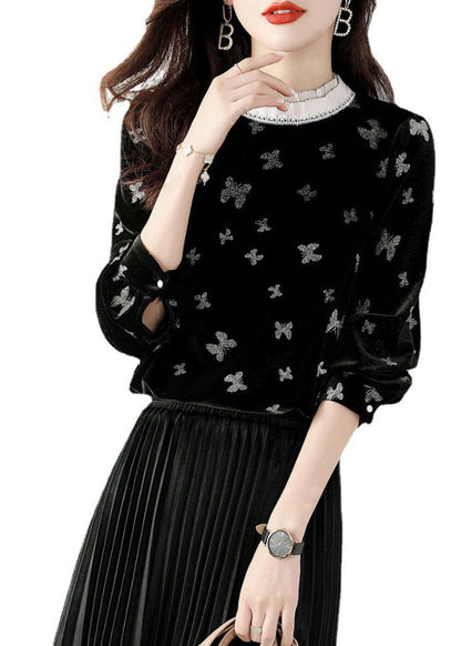 Casual Black Ruffled Butterfly Velour Shirt Top Spring