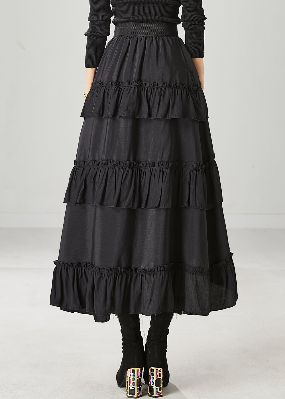 Black Ruffled Exra Large Hem Cotton Skirt Spring