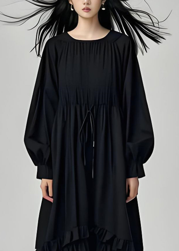 Black Ruffled Lace Patchwork Cotton Dresses Long Sleeve