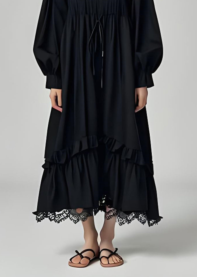 Black Ruffled Lace Patchwork Cotton Dresses Long Sleeve
