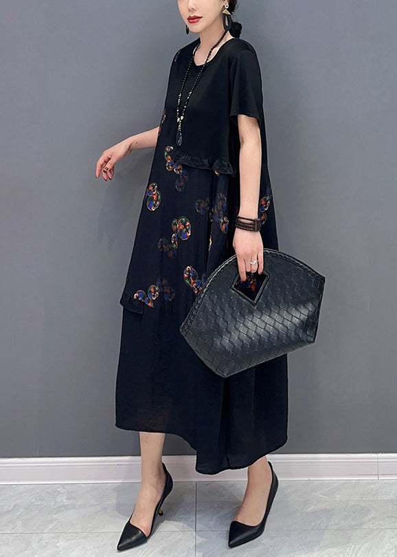 Black Ruffled Patchwork Holiday Dress Summer