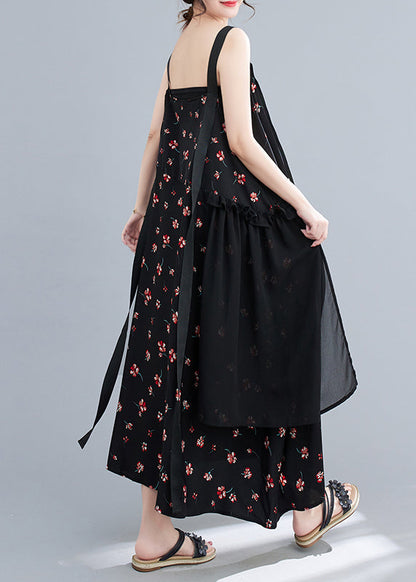 Black Ruffled Patchwork Print Chiffon Strap Dress Summer