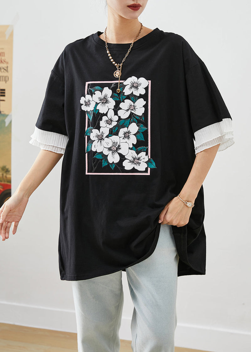 Black Ruffled Patchwork Print Cotton Tanks Summer