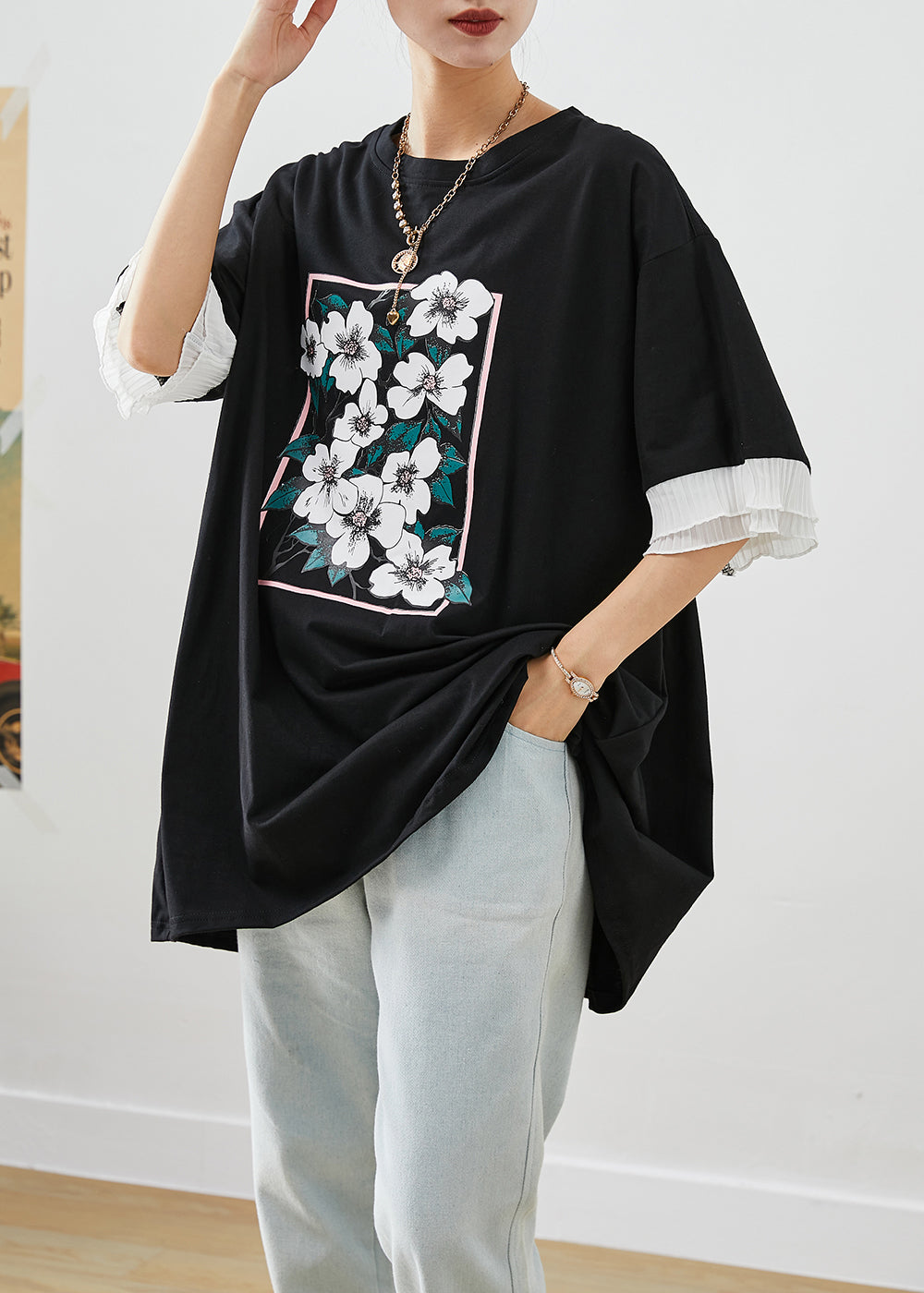 Black Ruffled Patchwork Print Cotton Tanks Summer