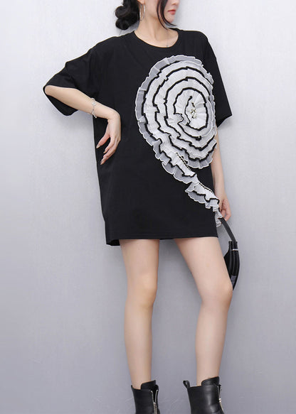 Black Ruffled Patchwork Tulle Long Tops Summer