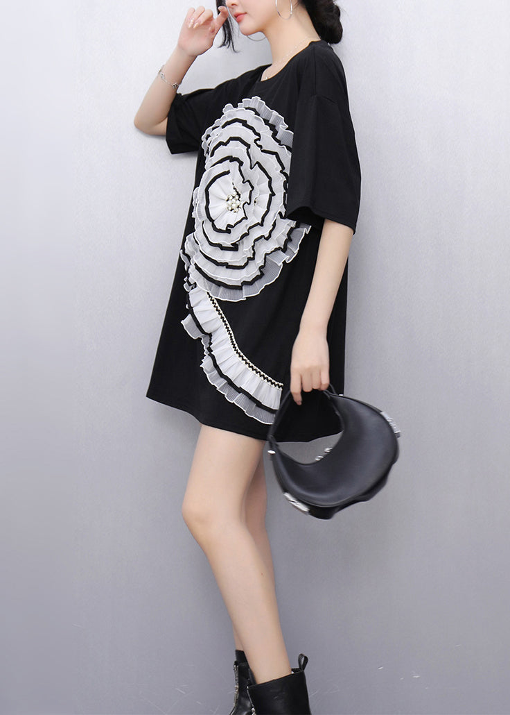 Black Ruffled Patchwork Tulle Long Tops Summer