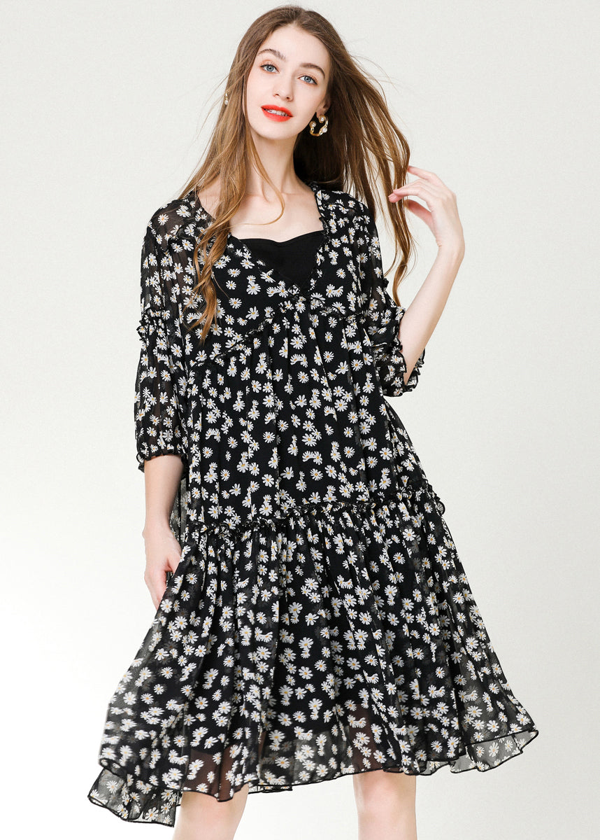 Black Ruffled Print Chiffon Beach Dresses Bracelet Sleeve