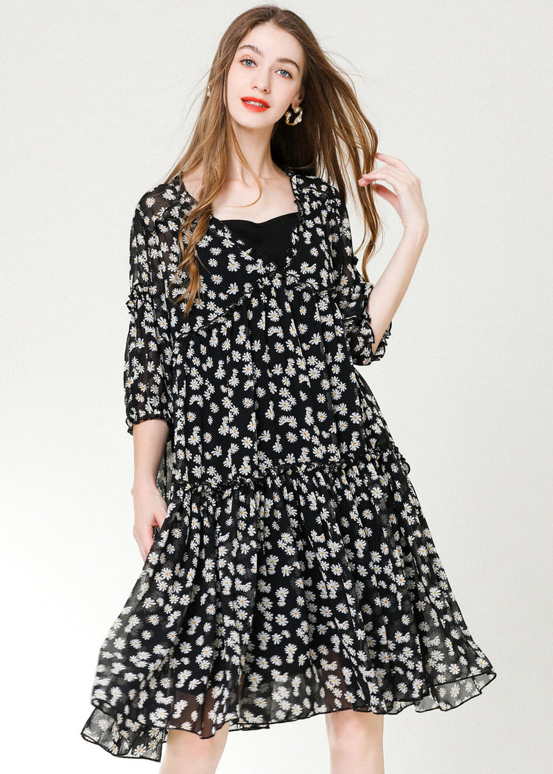 Black Ruffled Print Chiffon Beach Dresses Bracelet Sleeve