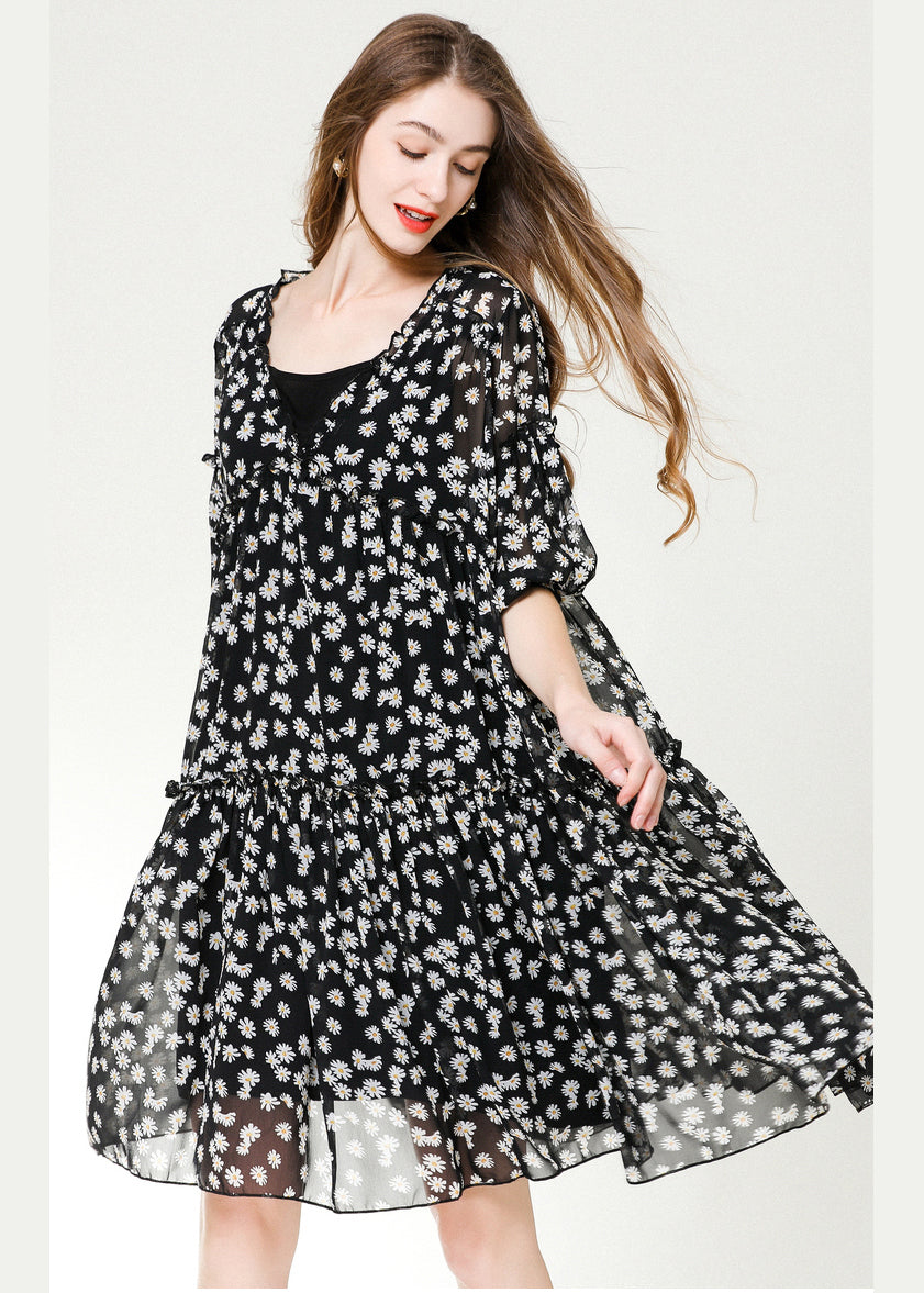Black Ruffled Print Chiffon Beach Dresses Bracelet Sleeve