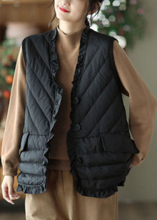 Black Ruffled Thick Duck Down Vest Tops Winter