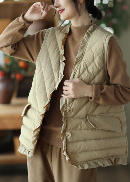 Black Ruffled Thick Duck Down Vest Tops Winter