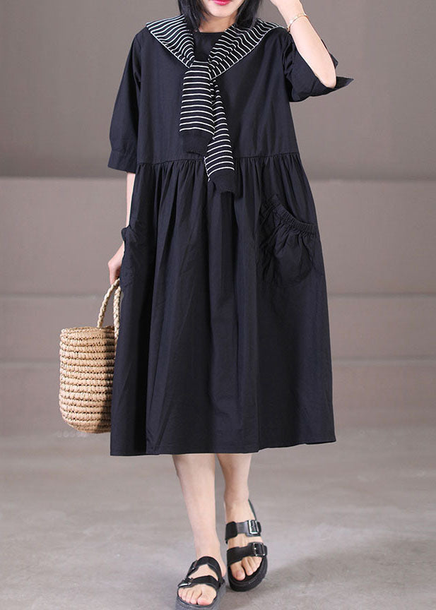 Black Sailor Collar Patchwork Cotton Pleated Dress Half Sleeve