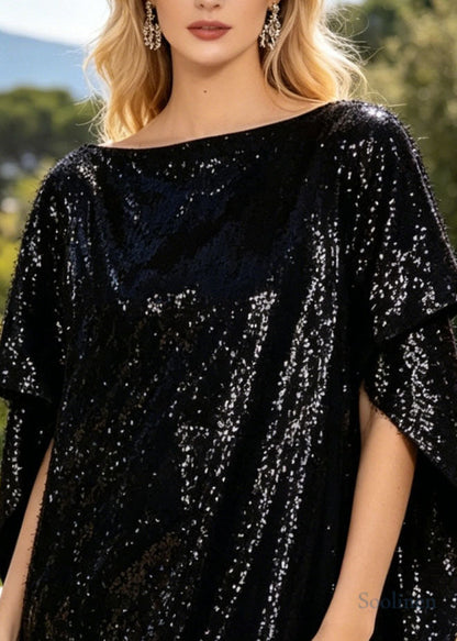 Black Sequins Cotton Tea Dress Batwing Sleeve