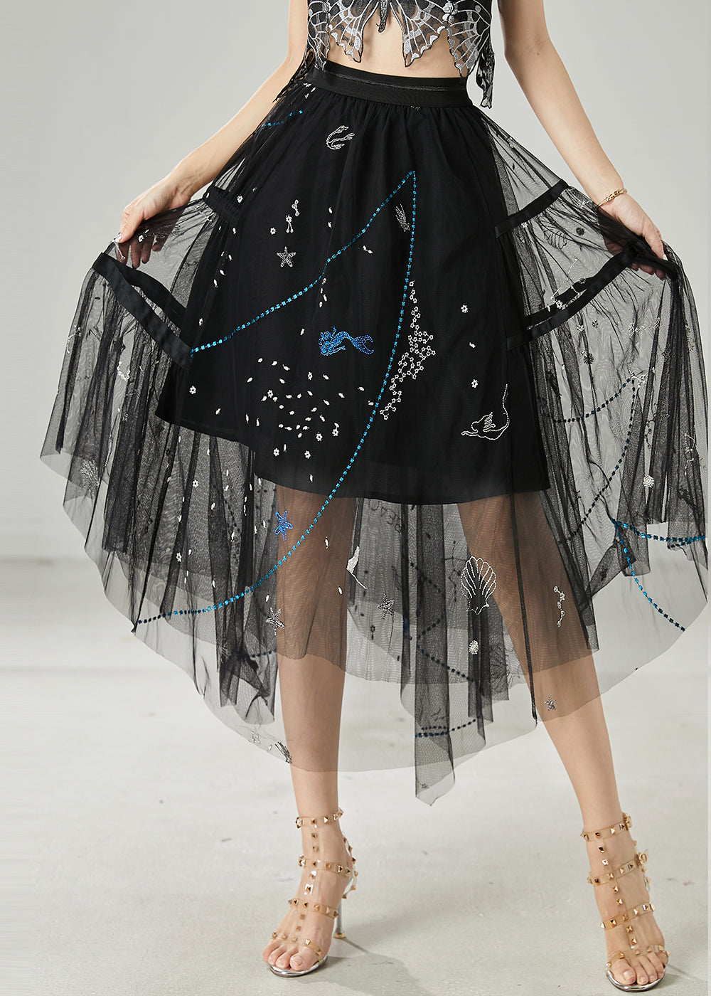 Black Sequins Rhinestone Tulle Skirts Summer