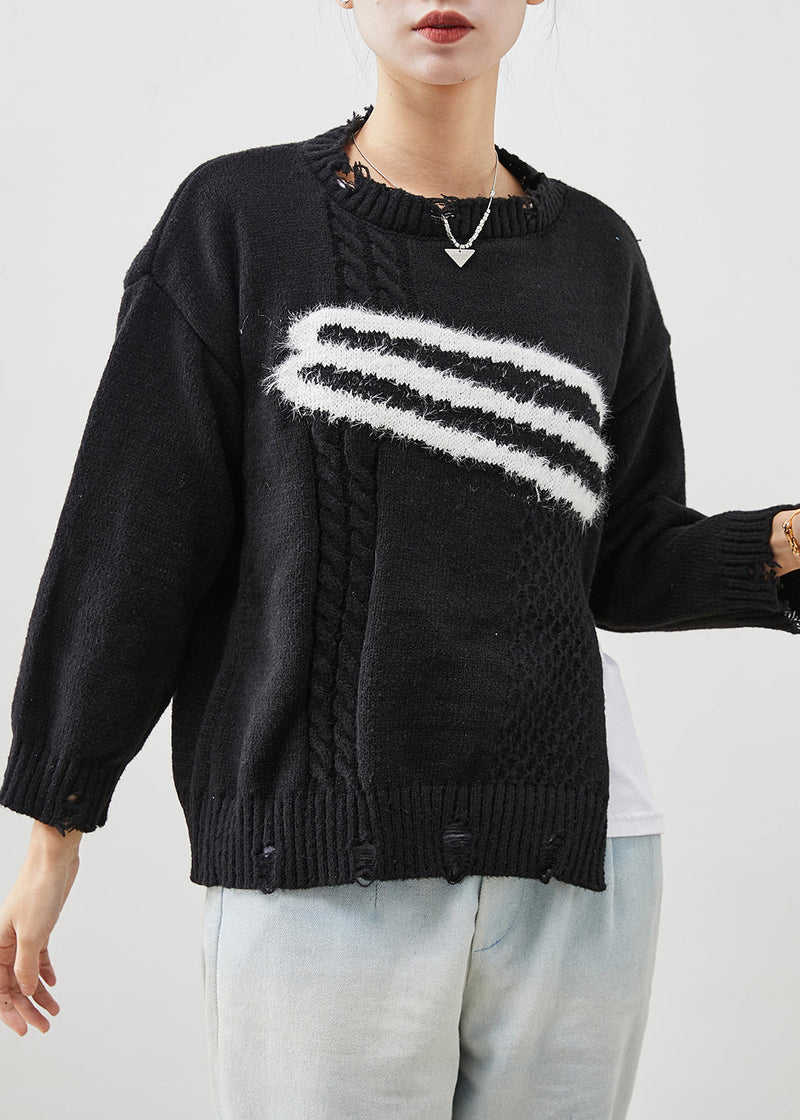 Black Side Open Knit Ripped Sweaters Winter