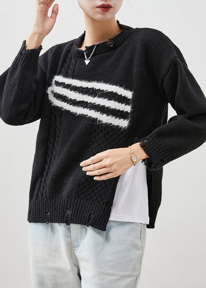 Black Side Open Knit Ripped Sweaters Winter