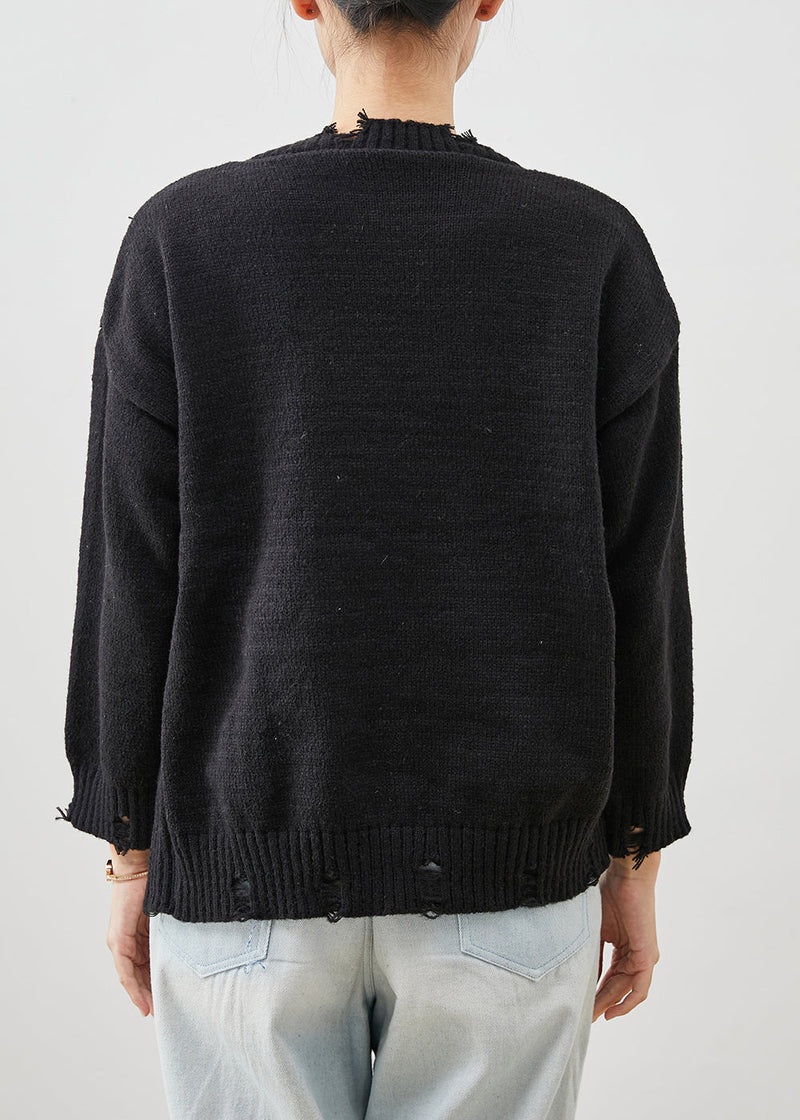Black Side Open Knit Ripped Sweaters Winter