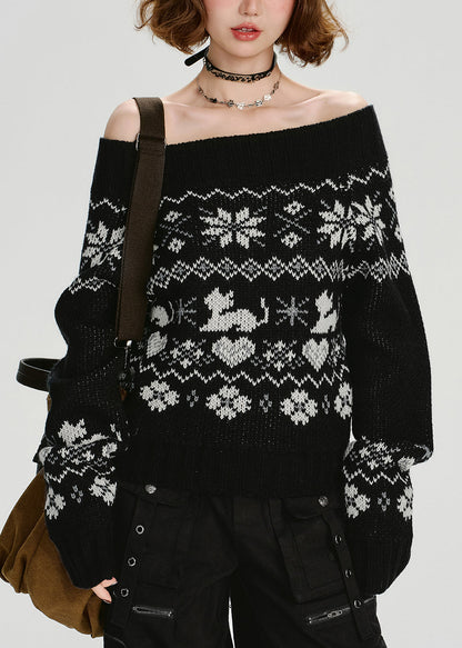 Black Slash Neck Jacquard Knit Sweater Tops Spring