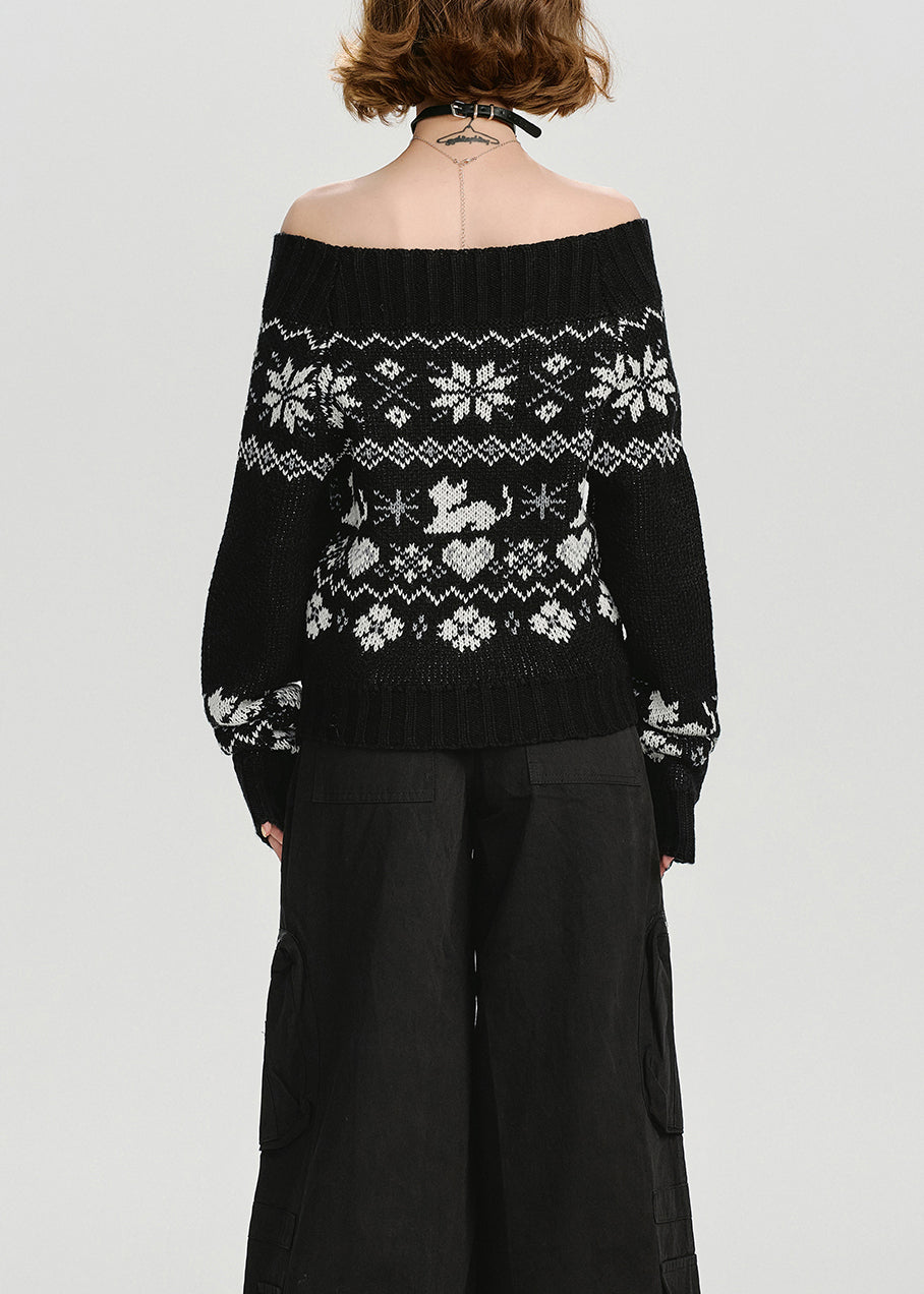 Black Slash Neck Jacquard Knit Sweater Tops Spring