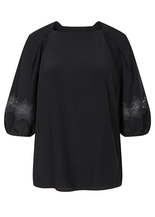 Black Slash Neck Patchwork Lace Blouses Half Sleeve
