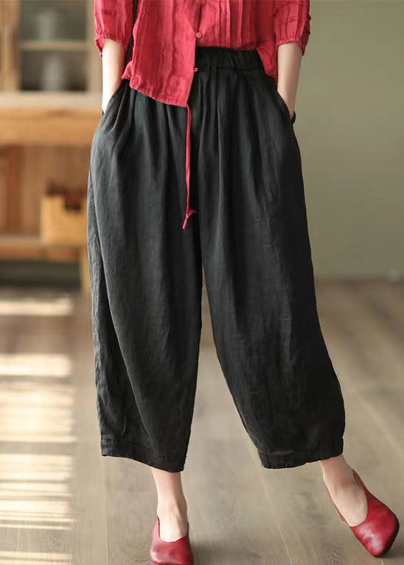 Black Pockets High Waist Linen Harem Pants
