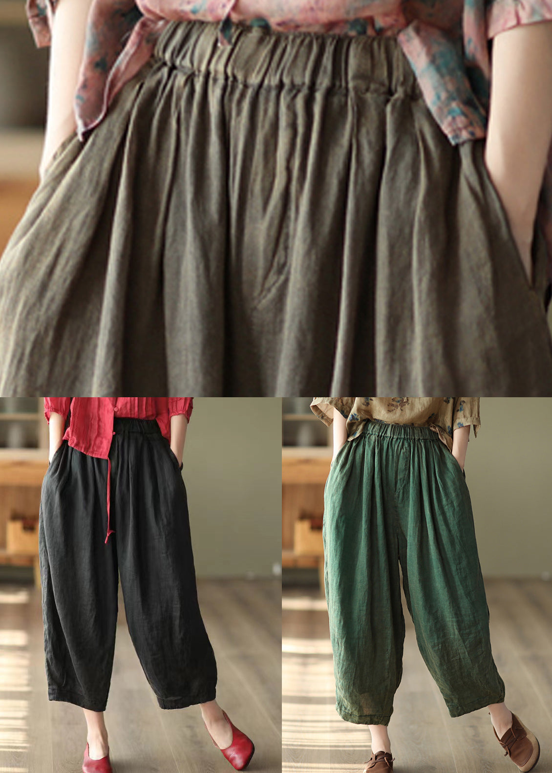 Black Pockets High Waist Linen Harem Pants
