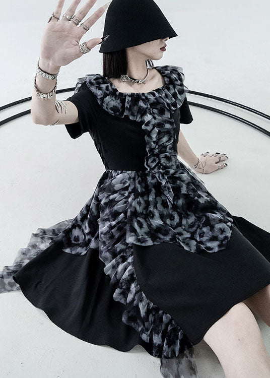 Black Square Collar Ruffled Patchwork Print Pleated Dress Short Sleeve