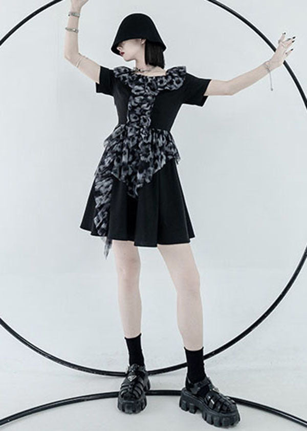 Black Square Collar Ruffled Patchwork Print Pleated Dress Short Sleeve