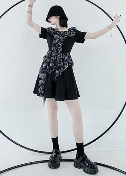 Black Square Collar Ruffled Patchwork Print Pleated Dress Short Sleeve