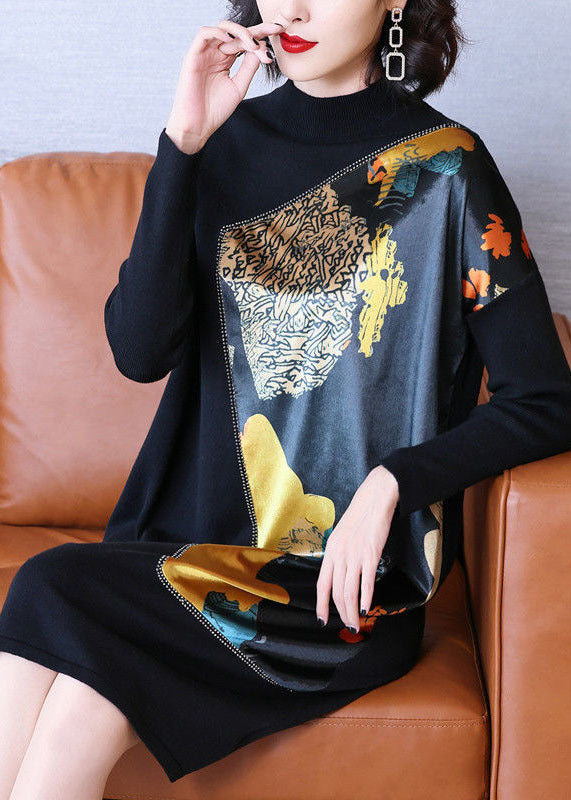 Black Stand Collar Asymmetrical Patchwork Print Knit Long Sweater Winter