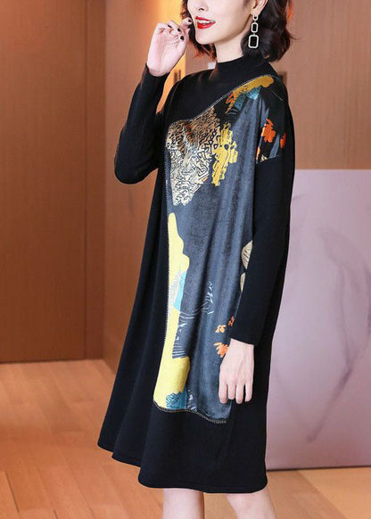 Black Stand Collar Asymmetrical Patchwork Print Knit Long Sweater Winter