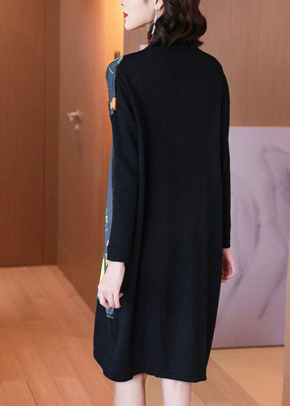 Black Stand Collar Asymmetrical Patchwork Print Knit Long Sweater Winter