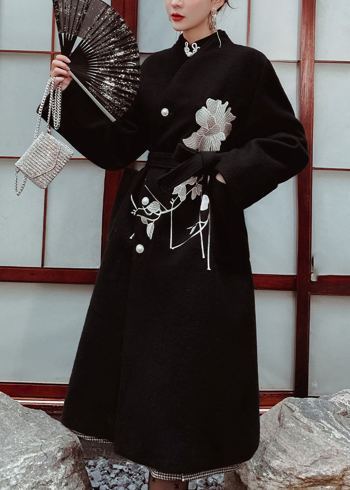 Black Stand Collar Embroideried Tie Waist Button Thick Woolen Long Trench Coat Winter
