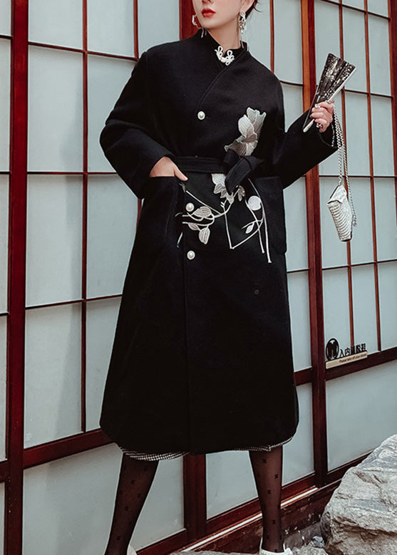 Black Stand Collar Embroideried Tie Waist Button Thick Woolen Long Trench Coat Winter
