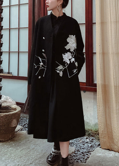 Black Stand Collar Embroideried Tie Waist Button Thick Woolen Long Trench Coat Winter